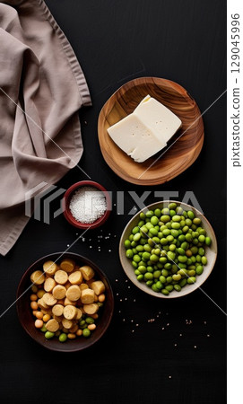 Beautifully arranged tempeh preparation with natural ingredients and soft lighting 129045996