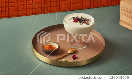 Traditional Indian lassi served in a setting rich with culture and flavor Traditional Indian lassi served in a setting rich with culture and flavor 129045999