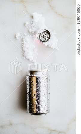 Dynamic silver energy drink can with neon glow and motion streaks evokes high performance energy 129046000