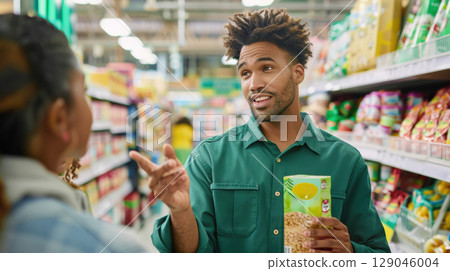 Enthusiastic supermarket consultant engages customer in cereal aisle about product details 129046004