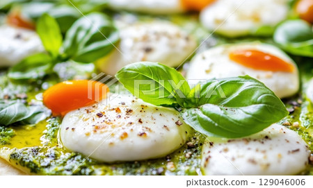 Vibrant green spinach-crust pizza features melted mozzarella, fresh basil leaves, and olives, showcasing appetizing colors and textures in soft natural light 129046006