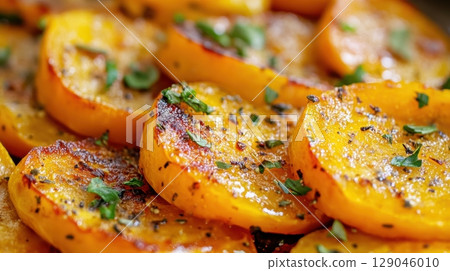 Golden-brown roasted squash slices lay atop pizza, showcasing their crisp texture and rich colors, illuminated by soft, late afternoon light, inviting a warm, appetizing feel 129046010