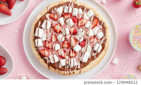 Savor a delicious dessert pizza with a Nutella base, fresh strawberries, fluffy marshmallows, and a white chocolate drizzle, all on a lovely pastel pink table 129046012