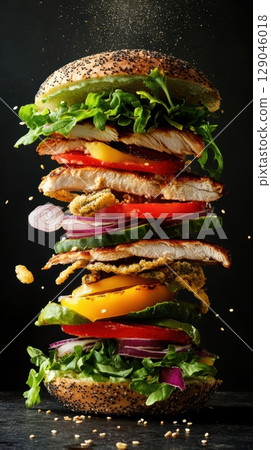 Grilled chicken poppy seed bun layered with crispy onion rings, mixed salad, cucumber, tomato, yellow pepper slices suspended midair against dark backdrop Grilled chicken poppy seed bun layered with crispy onion rings, mixed salad, cucumber, tomato, yellow pepper slices suspended midair against dark backdrop 129046018
