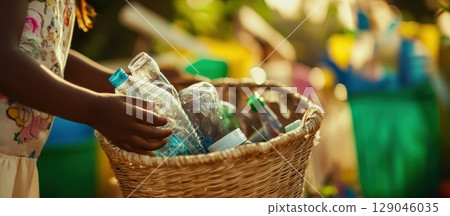 Young girl sorts recyclables into a woven straw basket under sunlight in an eco-friendly setting 129046035