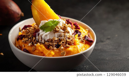 Modern papaya mousse topped with granola, presenting a healthy dessert option 129046039
