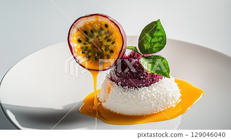 Hyper-realistic coconut mousse dessert with passionfruit and vibrant yellow sauce droplets 129046040