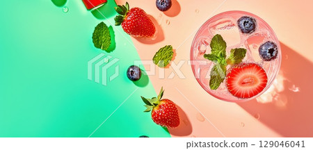 Refreshing berry-infused water with mint leaves and condensation in soft sunlight 129046041