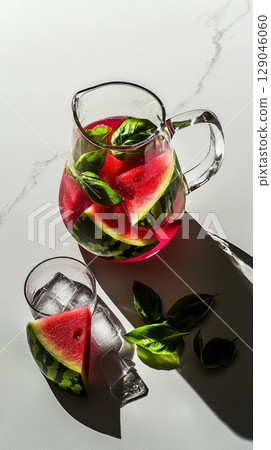 Refreshing watermelon basil-infused water served in glass jug with ice and greenery 129046060