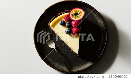 Sliced vegan passionfruit cheesecake with berries and nutty crust on a clean white plate Sliced vegan passionfruit cheesecake with berries and nutty crust on a clean white plate 129046061