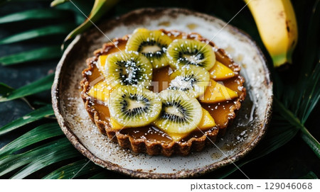 Tropical tart with mango and kiwi arranged in a flower pattern on a rustic plate in warm sunlight Tropical tart with mango and kiwi arranged in a flower pattern on a rustic plate in warm sunlight 129046068