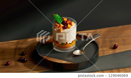 Rustic glass vase filled with thick fermented cream and adorned with dark berries on wooden pedestal 129046069