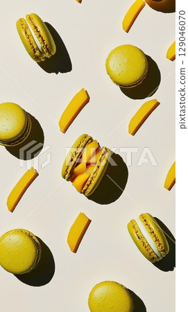 Floating coconut macaroons with vibrant mango filling create a sweet spectacle Floating coconut macaroons with vibrant mango filling create a sweet spectacle 129046070