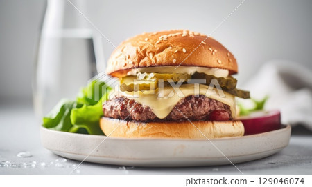 Gourmet burger with juicy patty and vibrant pickle slice on a ceramic plate Gourmet burger with juicy patty and vibrant pickle slice on a ceramic plate 129046074