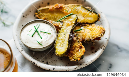 Crispy fried pickles served with ranch dip on a speckled ceramic plate 129046084