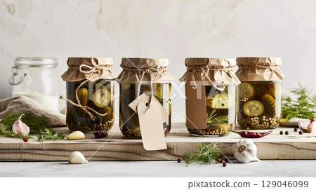 Deliciously crafted spicy pickles in handmade jars with natural ingredients on a rustic table Deliciously crafted spicy pickles in handmade jars with natural ingredients on a rustic table 129046099