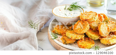 Crispy golden fried pickles served with creamy ranch dressing on a ceramic plate Crispy golden fried pickles served with creamy ranch dressing on a ceramic plate 129046100