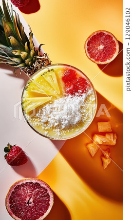 Exotic tropical cheesecake dessert garnished with coconut and pineapple on a summer sunset backdrop 129046102