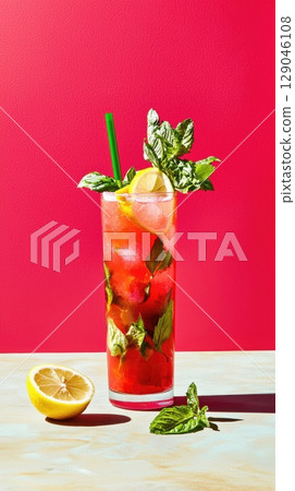 Refreshing guava collins cocktail garnished with lemon and mint on textured surface 129046108