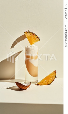 Frosty Pia Colada with dynamic pineapple juice splashes in vibrant tropical setting 129046109