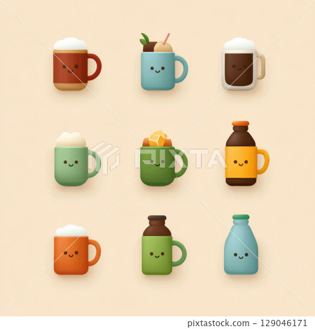 Cute cartoon mugs and bottles with smiling faces in various colors and styles Cute cartoon mugs and bottles with smiling faces in various colors and styles 129046171