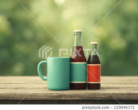 Two glass root beer bottles and ceramic mug on wooden table with blurred green background Two glass root beer bottles and ceramic mug on wooden table with blurred green background 129046172