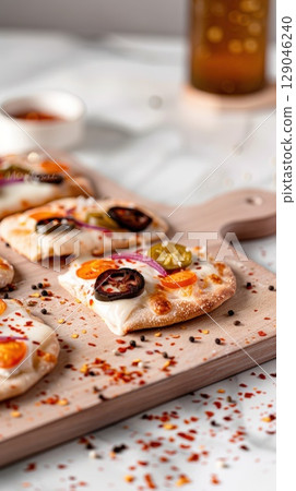 Mini-pizzas with pickled toppings on a wooden cutting board create a delicious visual feast 129046240