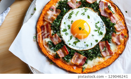 An overhead view captures a colorful sweet potato crust pizza adorned with crispy bacon, sauteed kale, and a perfectly poached egg. Soft morning sunlight enhances the cozy home atmosphere An overhead view captures a colorful sweet potato crust pizza adorned with crispy bacon, sauteed kale, and a perfectly poached egg. Soft morning sunlight enhances the cozy home atmosphere 129046241