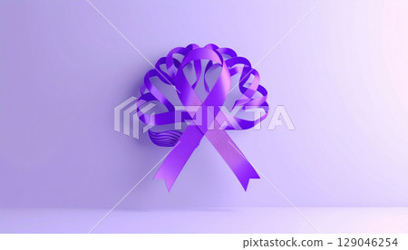 Purple awareness ribbon forming brain shape on light background, symbolizing support and solidarity Purple awareness ribbon forming brain shape on light background, symbolizing support and solidarity 129046254