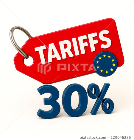 A red tag displaying the word tariffs and a 30 percent mark signals growing trade tensions between the U.S. and Europe affecting international economic policies A red tag displaying the word tariffs and a 30 percent mark signals growing trade tensions between the U.S. and Europe affecting international economic policies 129046286