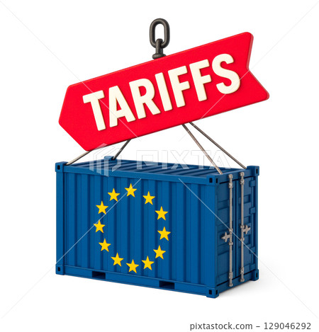 A cargo container adorned with the European Union flag is lifted by a hook, symbolizing the effects of US tariffs on international trade relations and pricing A cargo container adorned with the European Union flag is lifted by a hook, symbolizing the effects of US tariffs on international trade relations and pricing 129046292