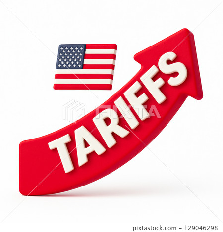 An upward arrow prominently displays the word tariffs alongside the U.S. flag, symbolizing rising import duties and their effects on global trade and economy 129046298
