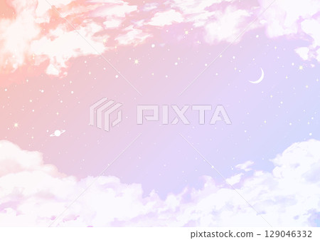 Background of the moon and Saturn floating in a beautiful sunset sky with clouds. Vector illustration. A4 size, landscape. Background of the moon and Saturn floating in a beautiful sunset sky with clouds. Vector illustration. A4 size, landscape. 129046332
