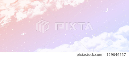 Horizontal vector banner, header design of the moon and Saturn floating in a beautiful sunset sky with clouds Horizontal vector banner, header design of the moon and Saturn floating in a beautiful sunset sky with clouds 129046337