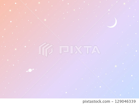 Vector illustration of the moon and Saturn floating in a pink and purple gradient starry sky, A4 size, landscape 129046339