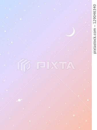 Vector illustration of the moon and Saturn floating in a pink and purple gradient starry sky, A4 size, portrait 129046340