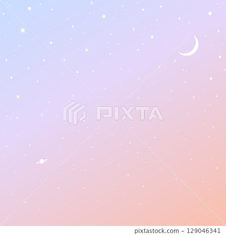Pink and purple gradient starry sky with moon and Saturn background, vector illustration, square 129046341