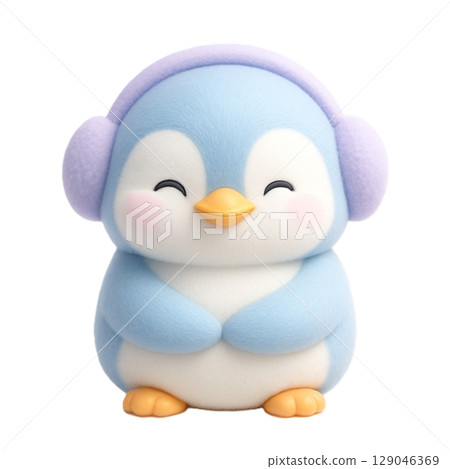An illustration of a smiling light blue penguin character wearing earmuffs sitting 129046369