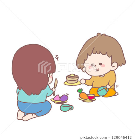 An illustration of two children facing each other and playing house with toys 129046412