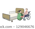 A picture of an elderly woman sitting in a wheelchair with a caregiver and a care bed behind her 129046676