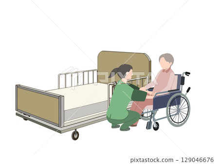 一位老年婦女坐在輪椅上，身後有一位護理人員和一張護理床 129046676
