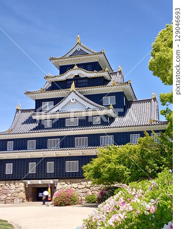 Okayama Castle, also known as Karasu Castle or Kinu Castle, was ruled by the Ukita, Kobayakawa and Ikeda clans, full front view, blue sky Okayama Castle, also known as Karasu Castle or Kinu Castle, was ruled by the Ukita, Kobayakawa and Ikeda clans, full front view, blue sky 129046693
