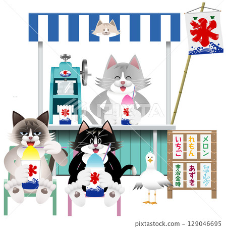 A cat shaved ice vendor and a cat eating shaved ice 129046695