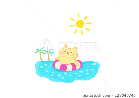 A cute cat floating in the sea in a swim ring. Watercolor illustration 129046743