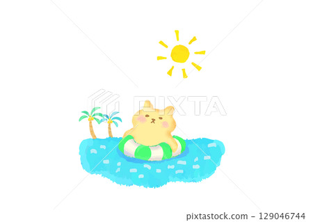 A cute cat floating in the sea in a swim ring. Watercolor illustration 129046744