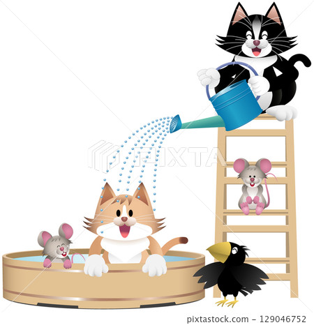 一隻正在洗澡的棕貓和一隻正在往自己身上潑水的黑貓 129046752