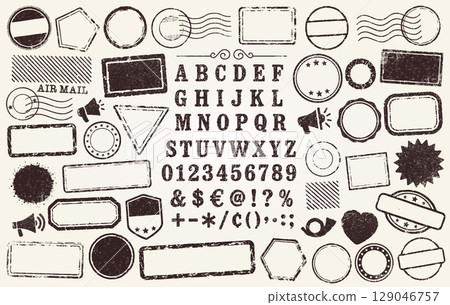 Retro Grunge postage Stamps frames vector shape set with letters. Black text postal round and square empty stamp border pack. Blank post Stamp template grunge ink rubber labels collection. Vector 129046757