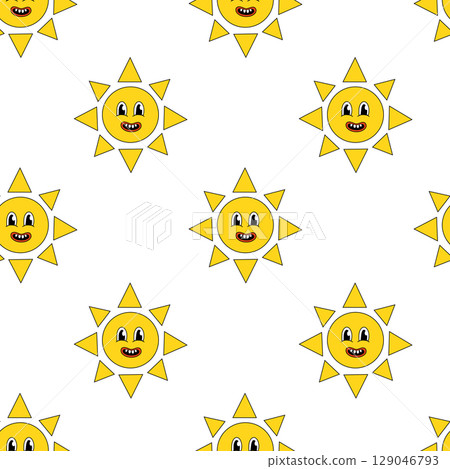 Seamless pattern with Smiling Face Sun. Groovy style background. Vector flat illustration. Seamless pattern with Smiling Face Sun. Groovy style background. Vector flat illustration. 129046793