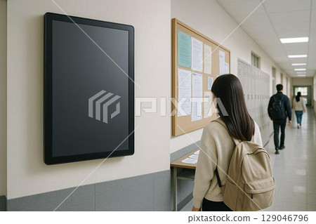 女學生走在學校走廊上,牆上安裝了大型數位看板 女學生走在學校走廊上,牆上安裝了大型數位看板 129046796