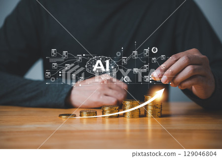 AI drives money and fintech as a hand stacks gold coins showing financial technology stock chart and investment toward a brighter ai future with upward growth shown by the arrow 129046804